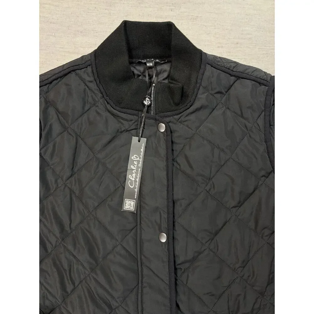 Charlie B Quilted Puffer Coat Size M Black Zip Snap Front/Side Mid Length Jacket